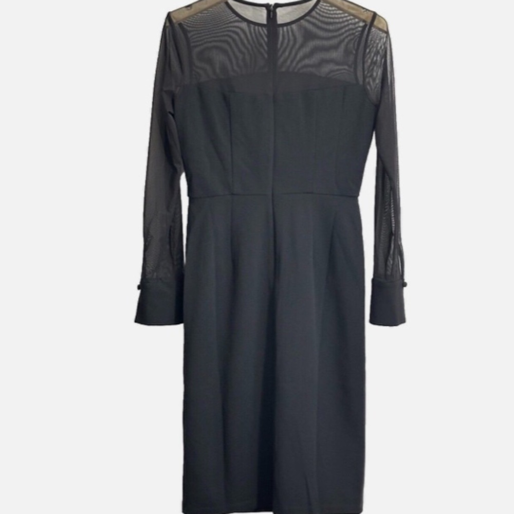 Maggy London Black Long Sleeve Mesh Yoke Sheath Dress